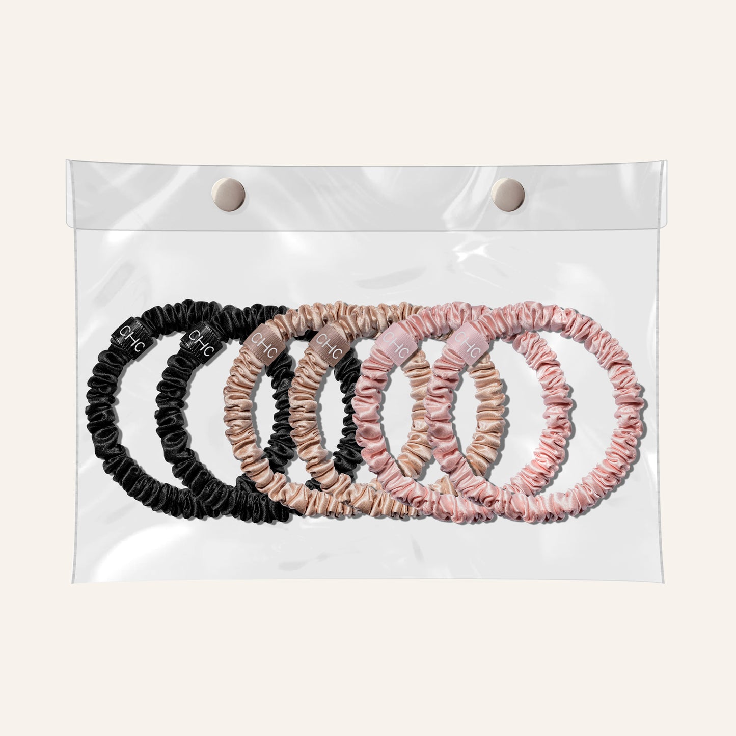 Silk Scrunchies Skinnies Nude Champagne, Pink Quartz, Midnight Black (Pack of 6)