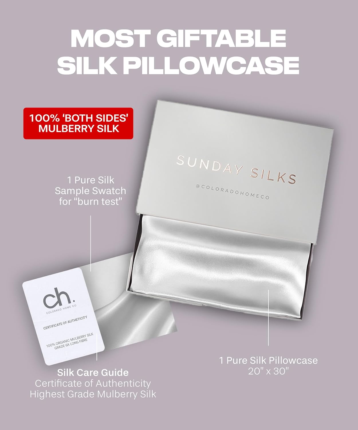 SUNDAYSILKS™ for MOM | Silk Pillow Case | 22 Momme Mulberry Silk Pillowcase, Pure White with MOM Embroidery