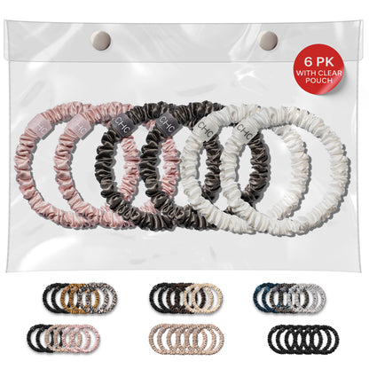 SKINNIES - Silk Scrunchies 6 PACK, White, Pink & Charcoal