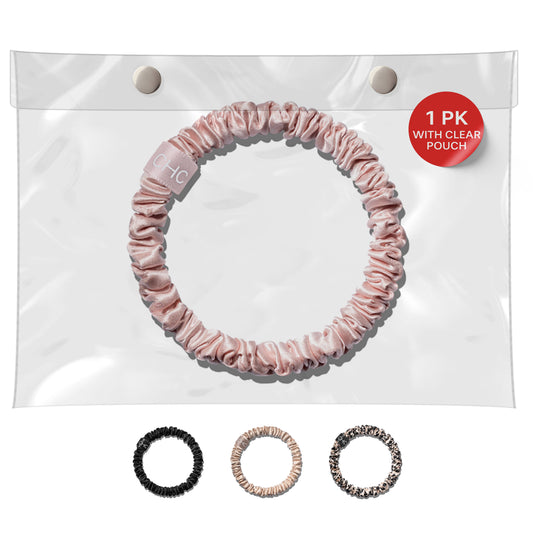 SKINNIES-1 Small Silk Scrunchies Set with Clear Makeup Bag - Stylish Hair Ties for Thin Hair (Pink Quartz)